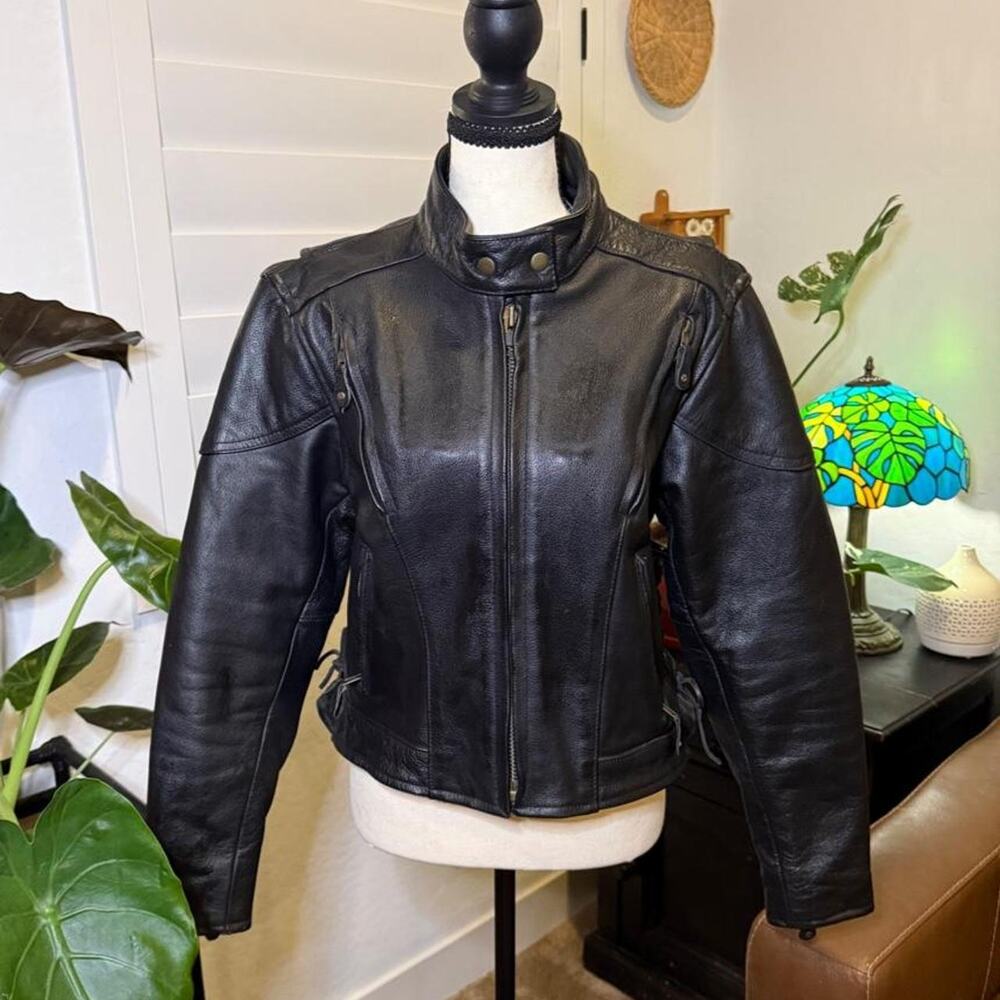 Vintage Y2K Black Genuine Leather Moto Jacket Lace Up Biker Grunge